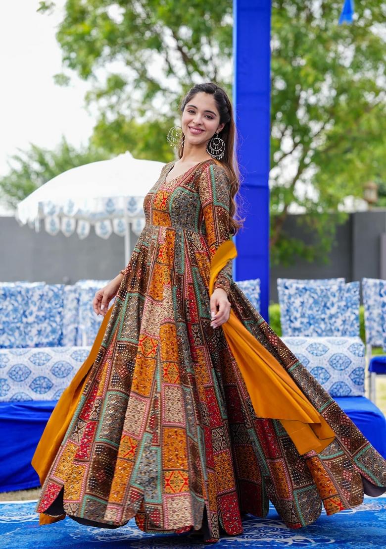 Brown Printed Rayon Gown With Dupatta - Indya