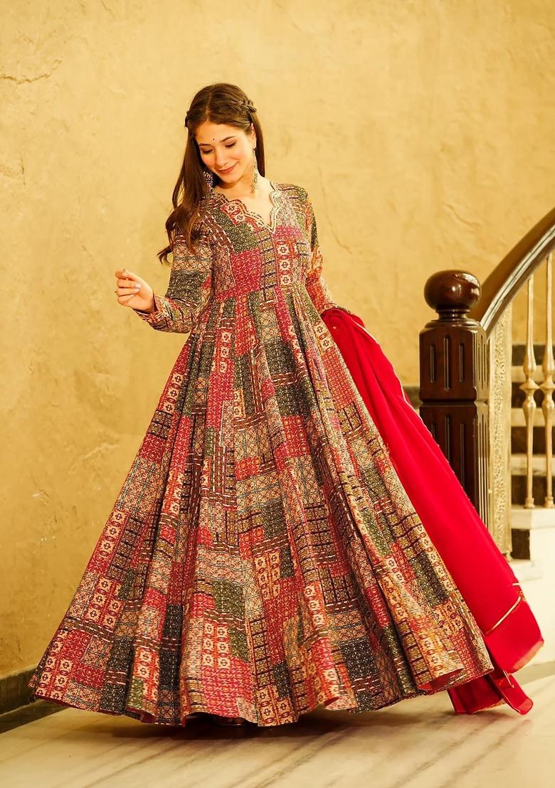 Pink Printed Rayon Gown With Dupatta - Indya