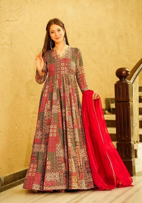 Pink Printed Rayon Gown With Dupatta