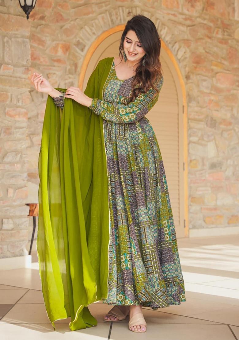 Mehendi Printed Rayon Gown With Dupatta - Indya