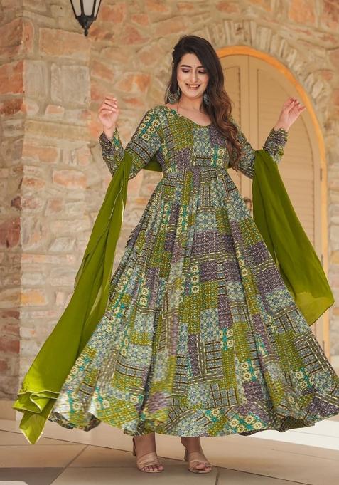 Mehendi Printed Rayon Gown With Dupatta