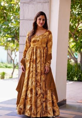 Brown Printed Rayon Gown With Dupatta