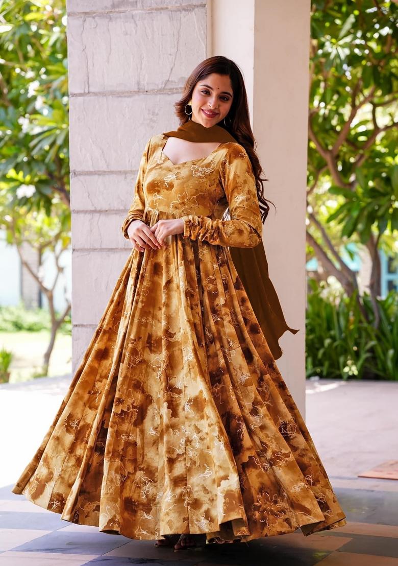 Brown Printed Rayon Gown With Dupatta - Indya