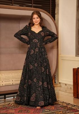 Black Printed Rayon Gown With Dupatta