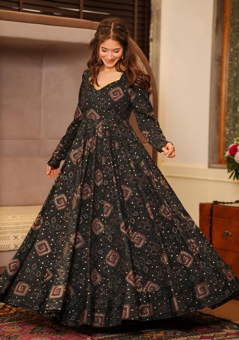 Black Printed Rayon Gown With Dupatta - Indya
