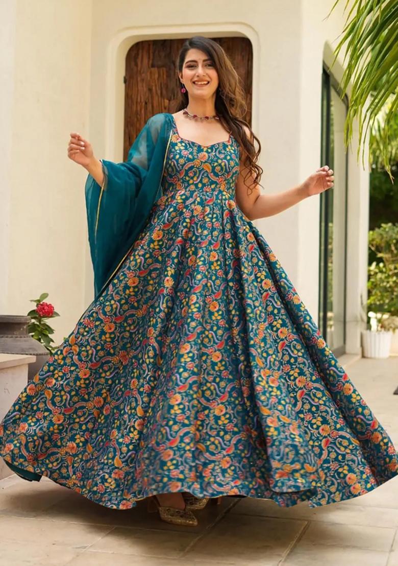 Morpeach Printed Silk Gown With Dupatta - Indya