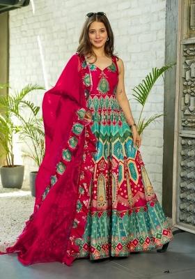 Rama Printed Silk Gown With Dupatta