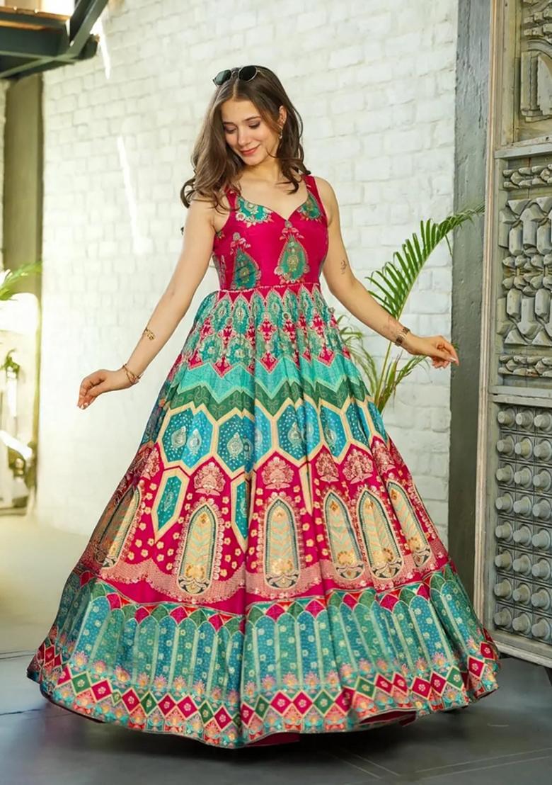 Rama Printed Silk Gown With Dupatta - Indya