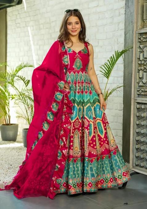 Rama Printed Silk Gown With Dupatta