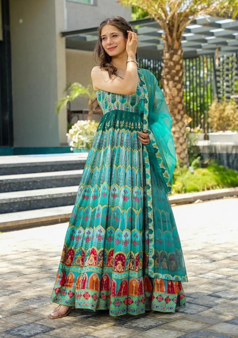 Green Printed Silk Gown With Dupatta - Indya