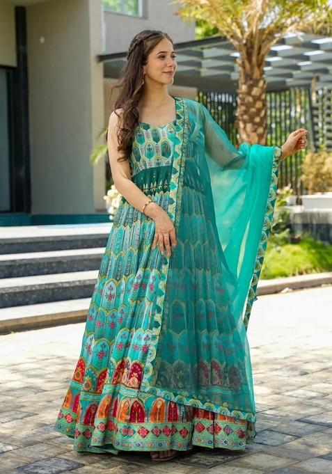 Green Printed Silk Gown With Dupatta