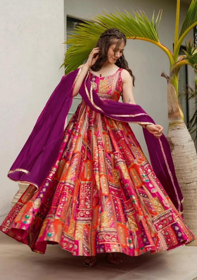 Pink Printed Silk Gown With Dupatta - Indya