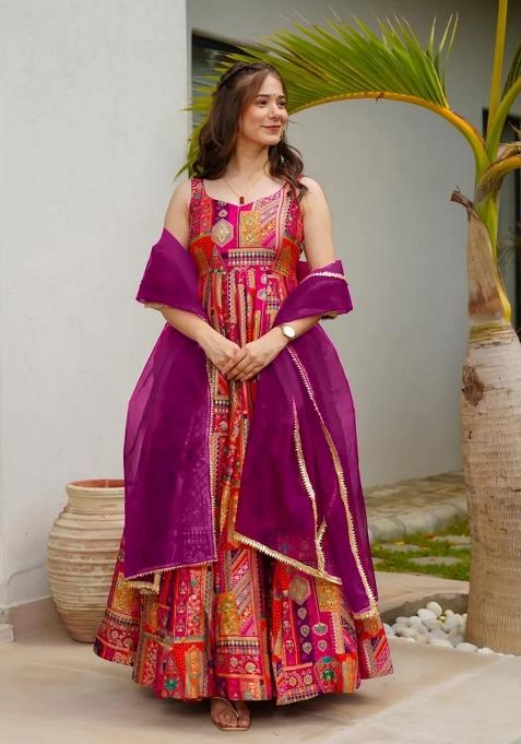 Pink Printed Silk Gown With Dupatta