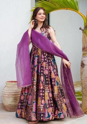 Wine Printed Silk Gown With Dupatta