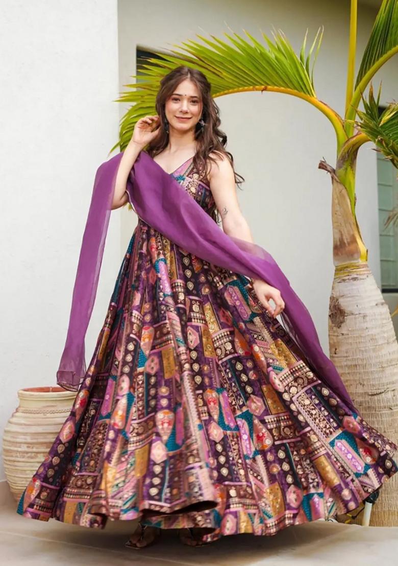 Wine Printed Silk Gown With Dupatta - Indya
