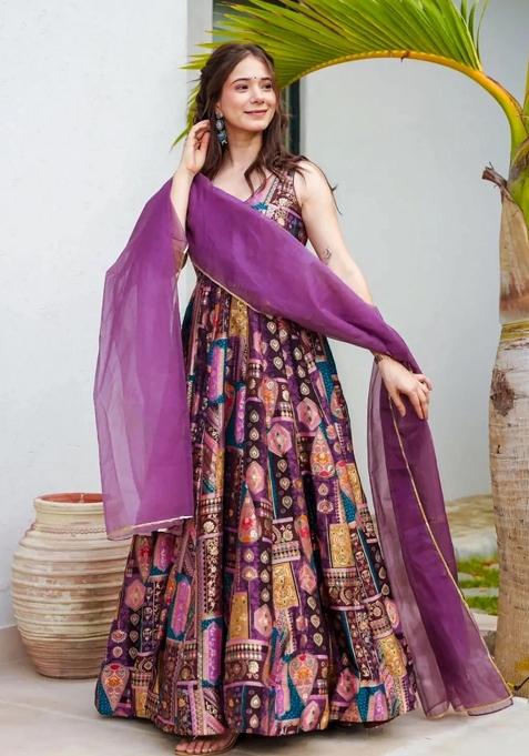 Wine Printed Silk Gown With Dupatta