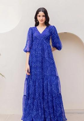 Blue Printed Georgette Maxi Gown