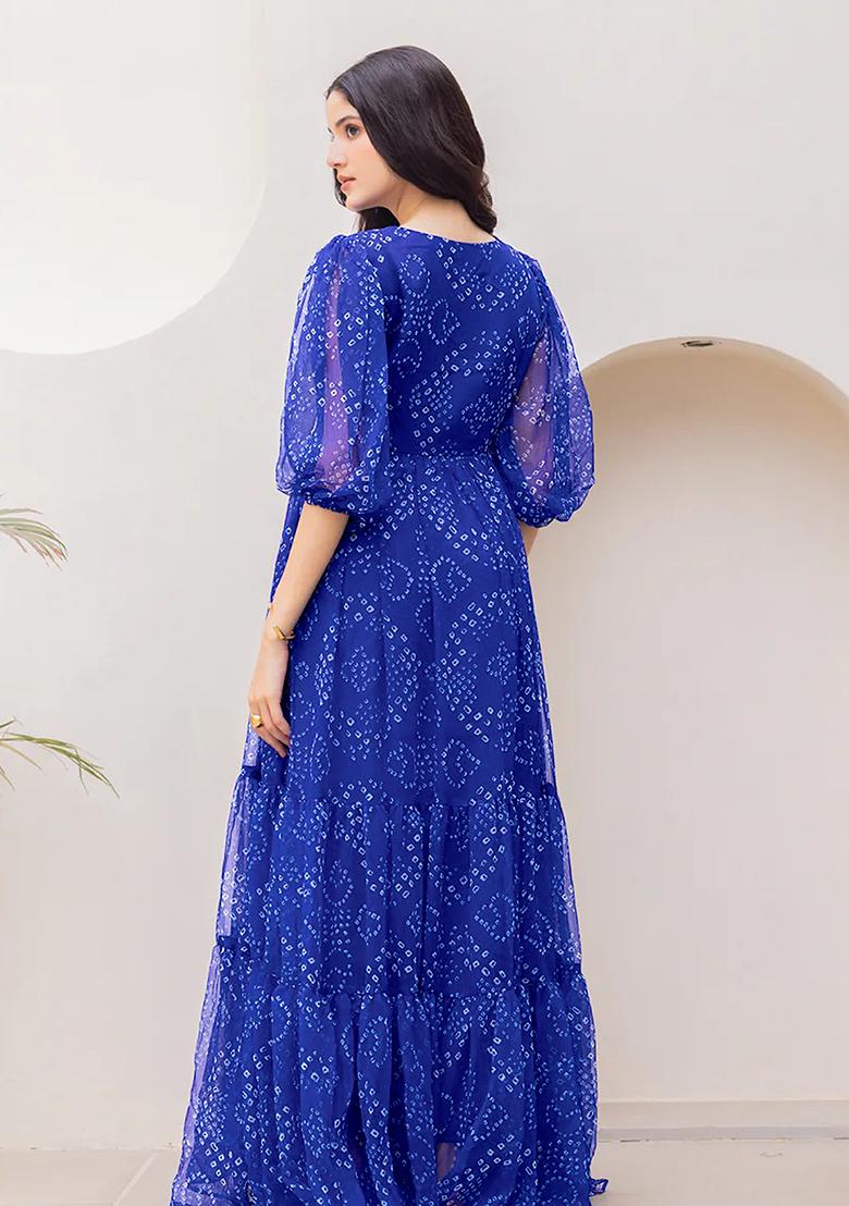 Blue Printed Georgette Maxi Gown - Indya