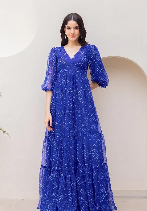 Blue Printed Georgette Maxi Gown
