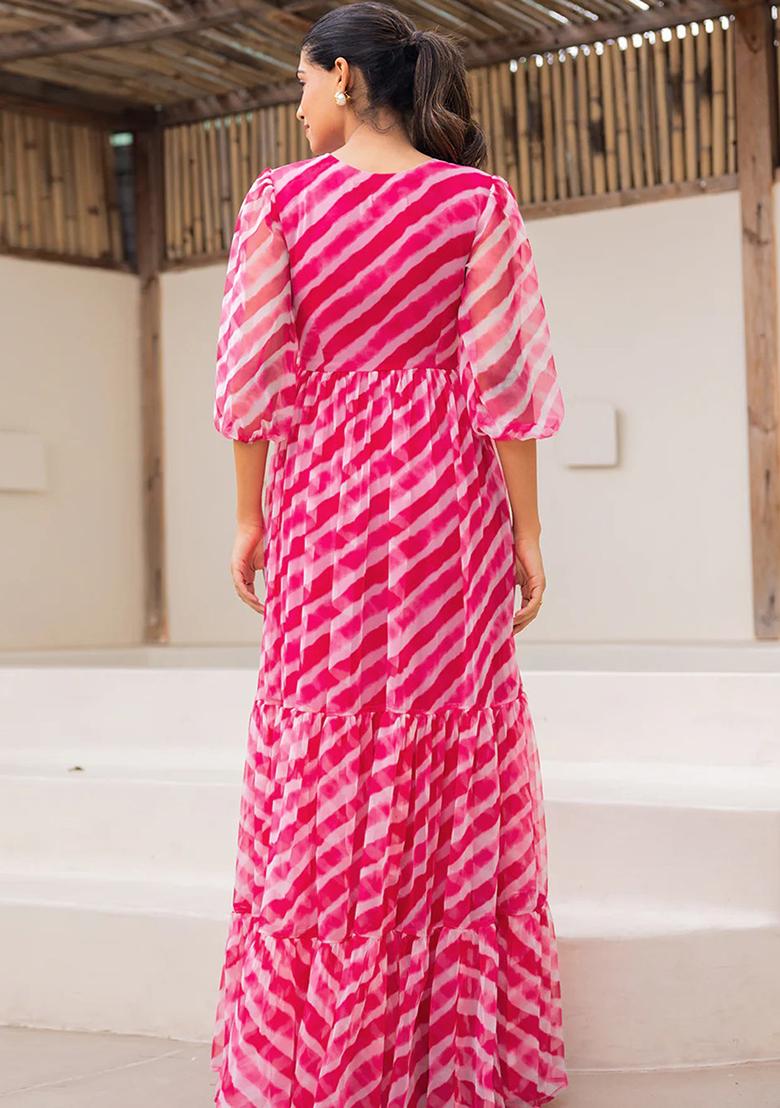 Pink Printed Georgette Maxi Gown - Indya