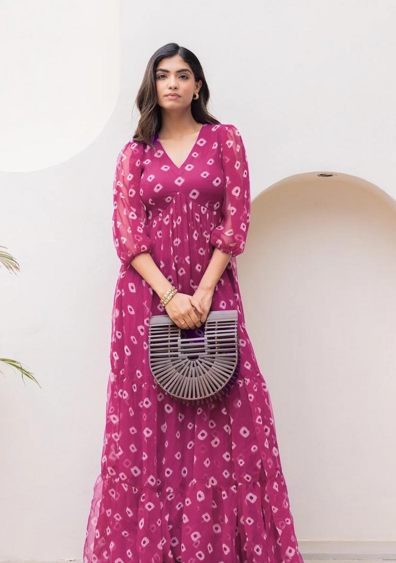 Purple Printed Georgette Maxi Gown - Indya