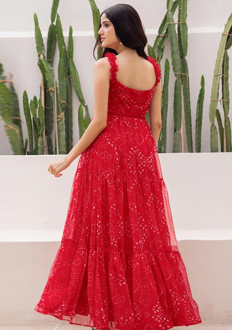 Red Printed Georgette Maxi Gown - Indya