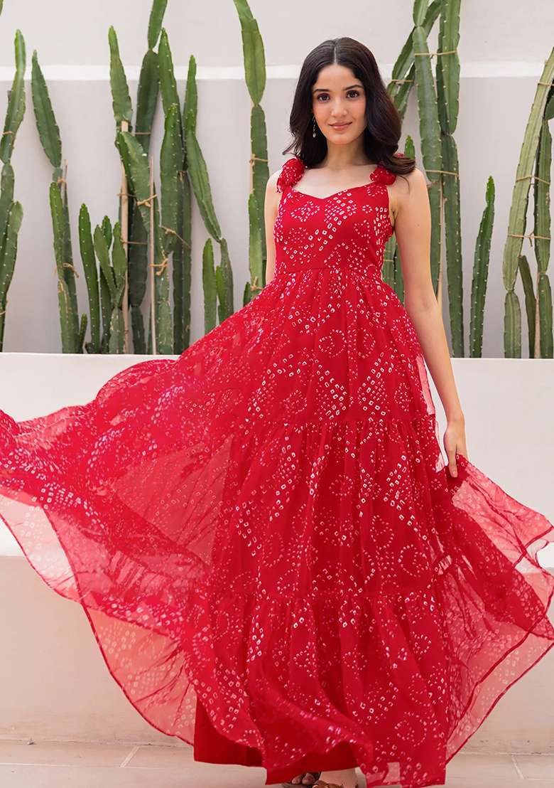 Red Printed Georgette Maxi Gown for Diwali and Festive Wear - Indya