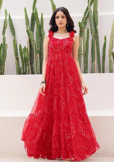 Red Printed Georgette Maxi Gown