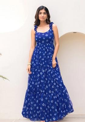 Blue Printed Georgette Maxi Gown