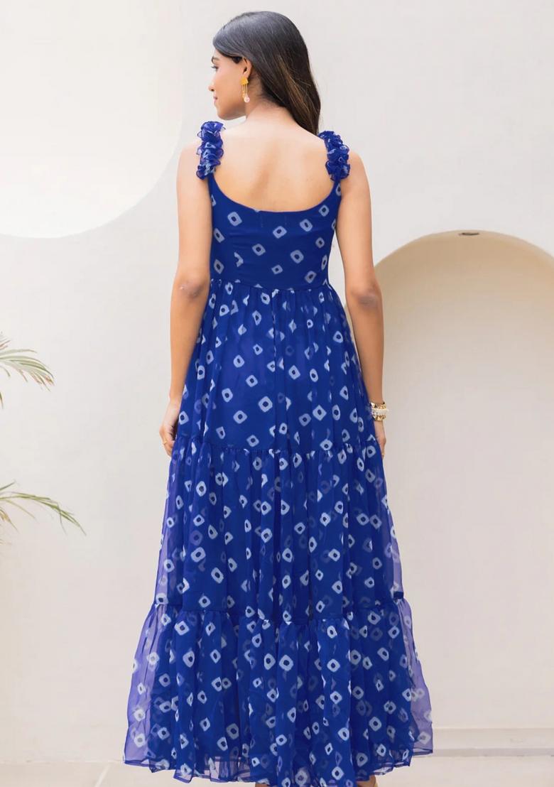 Blue Printed Georgette Maxi Gown - Indya