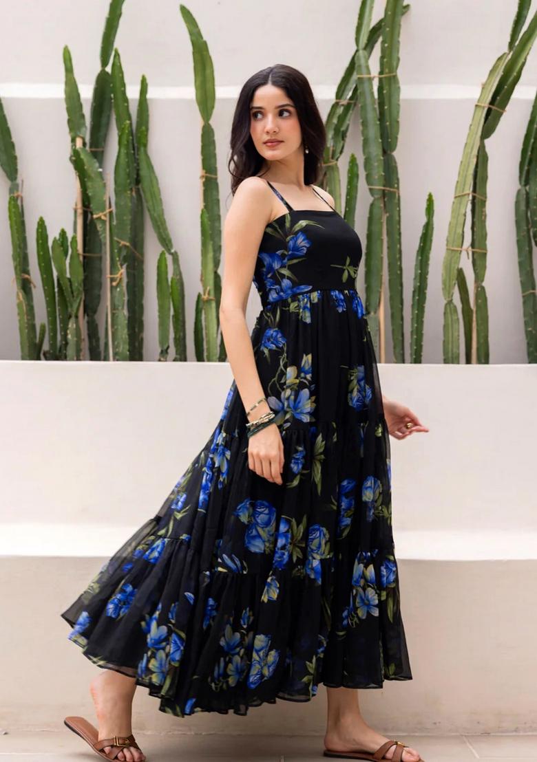 Black Printed Georgette Maxi Gown - Indya