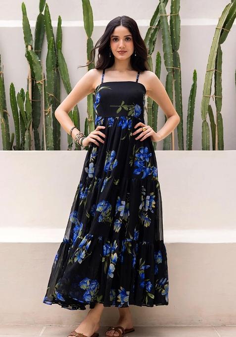 Black Printed Georgette Maxi Gown