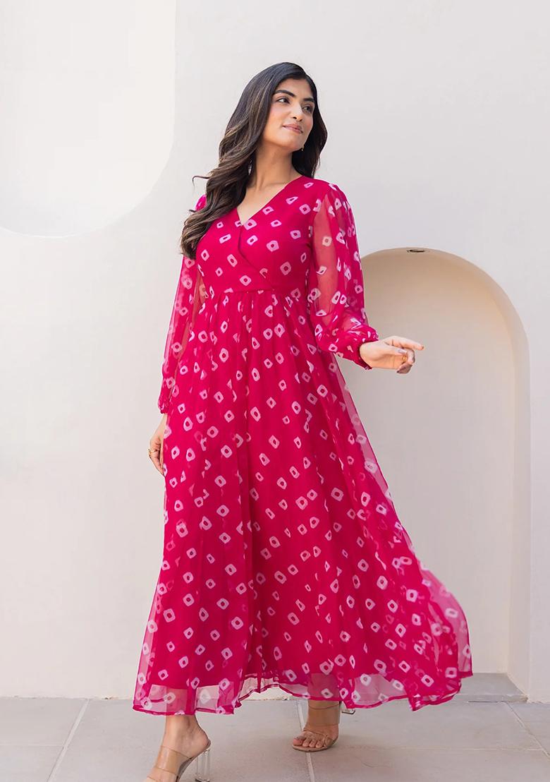 Pink Printed Georgette Maxi Gown - Indya