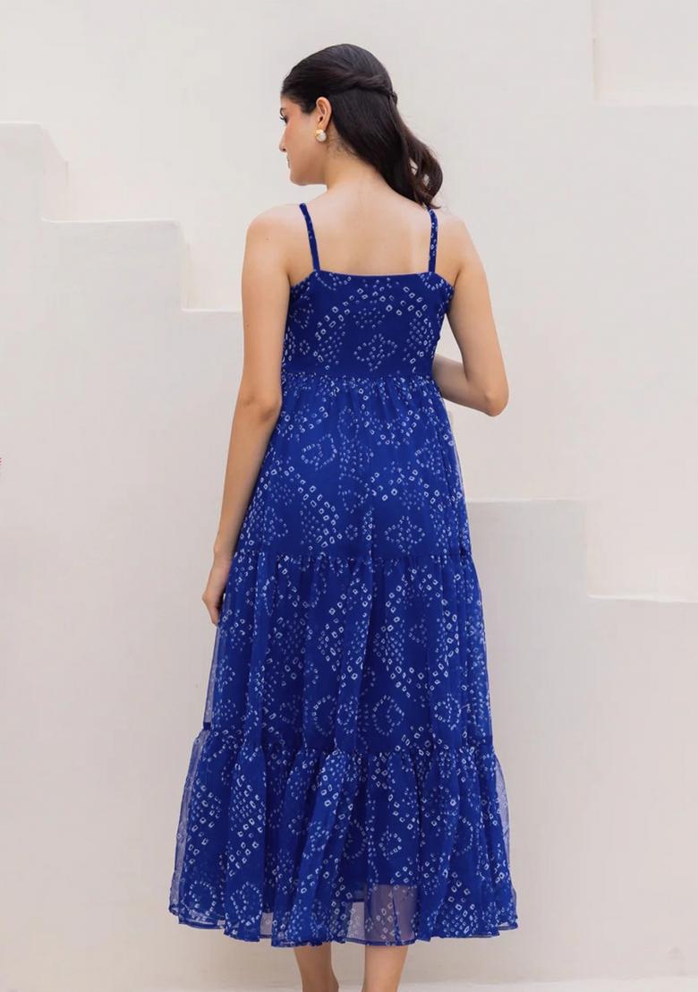 Blue Printed Georgette Maxi Gown - Indya