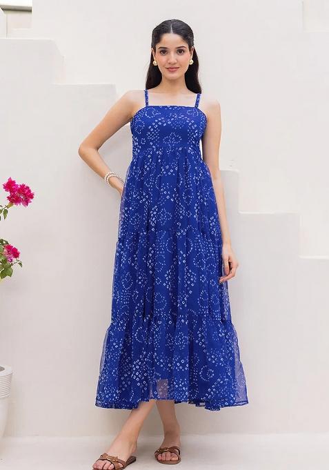 Blue Printed Georgette Maxi Gown