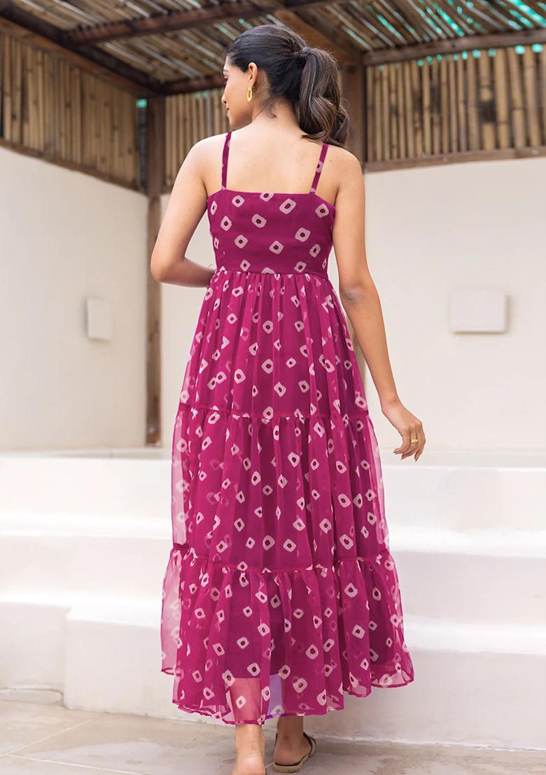 Purple Printed Georgette Maxi Gown - Indya