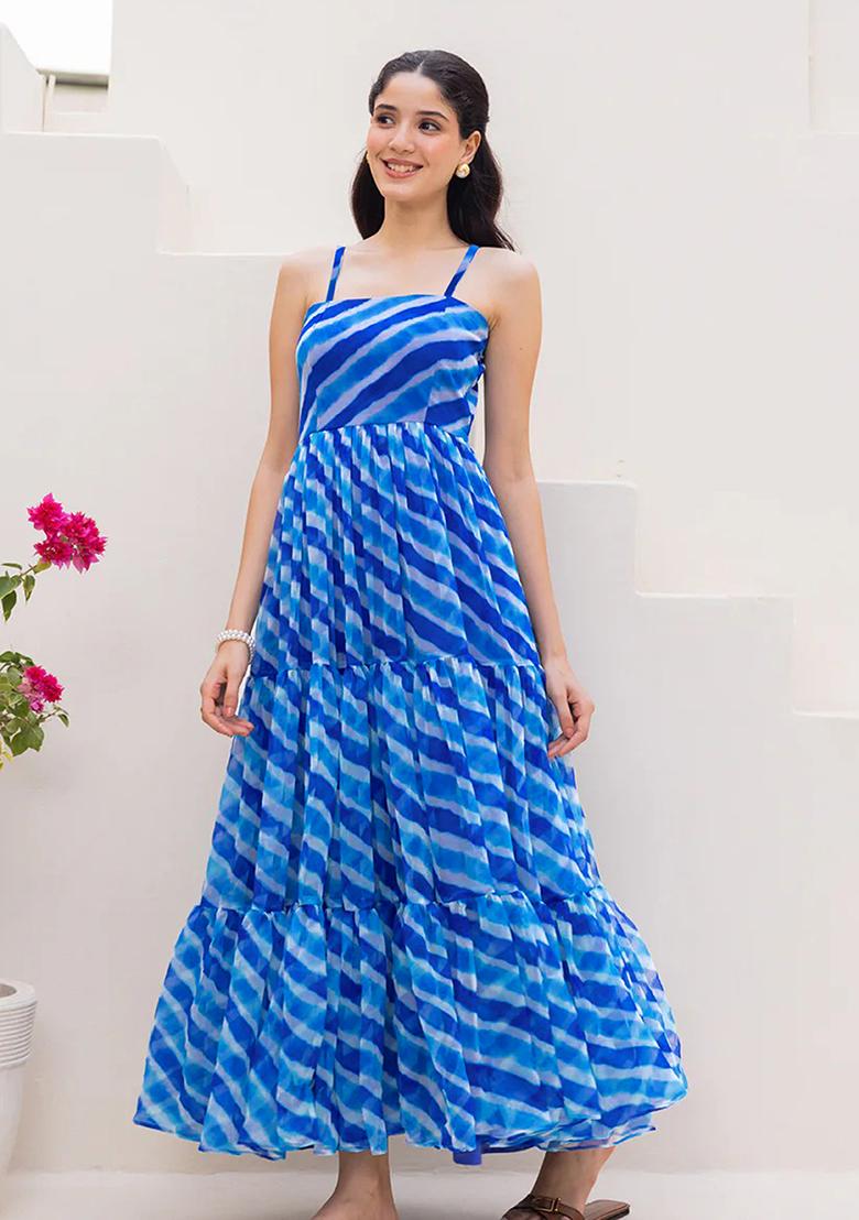 Royal Blue Printed Georgette Maxi Gown - Indya