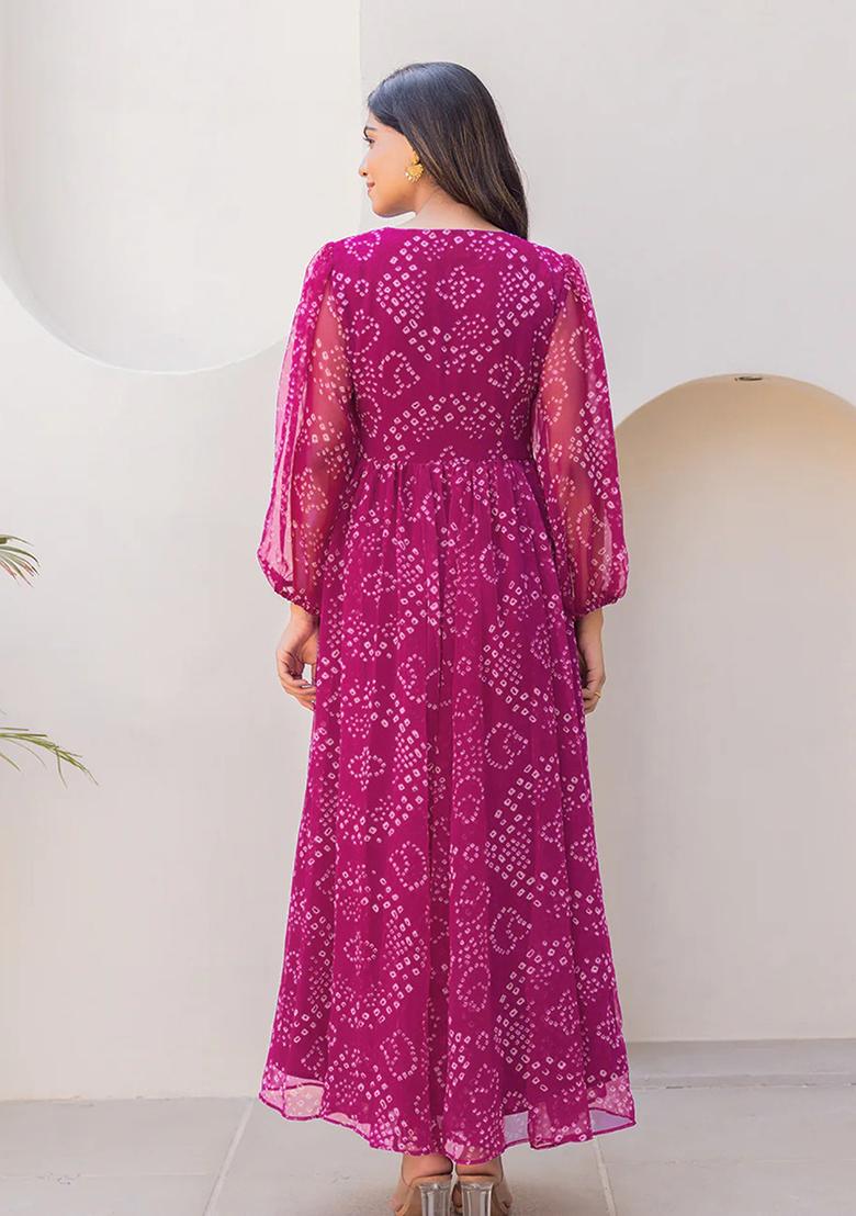 Purple Printed Georgette Maxi Gown - Indya