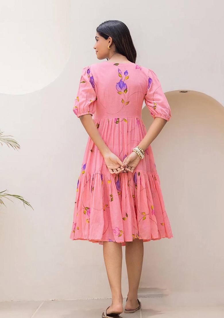 Pink Printed Checked Maxi Gown - Indya