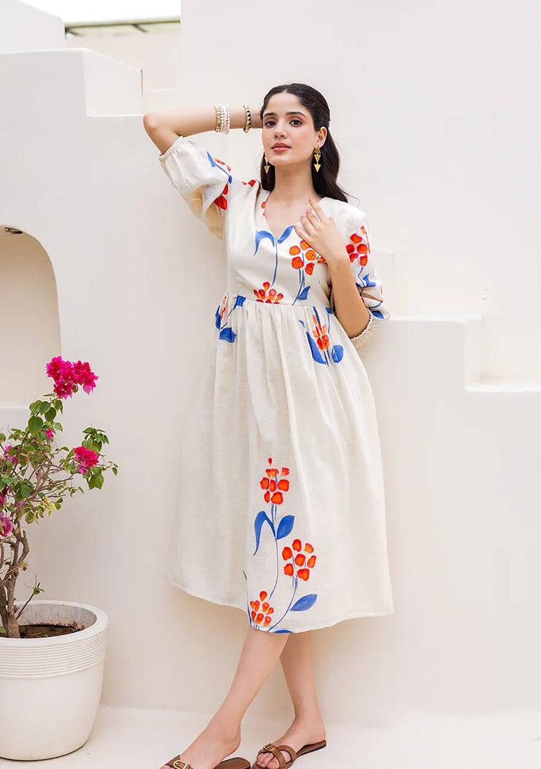 White Printed Checked Maxi Gown - Indya