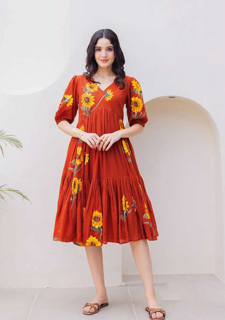 Rust Checked Maxi Gown with Printed for Diwali | Wedding & Festive Wear - Indya