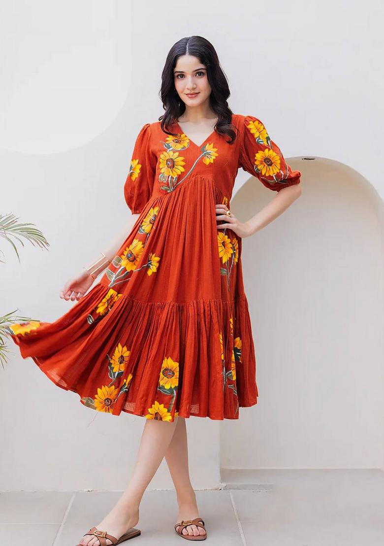 Rust Printed Checked Maxi Gown - Indya