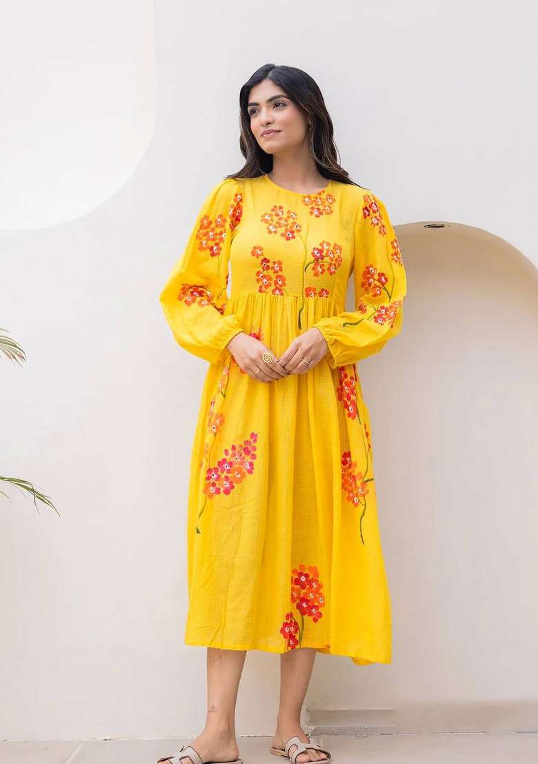 Yellow Checked Maxi Gown with Printed for Diwali | Wedding & Festive Wear - Indya