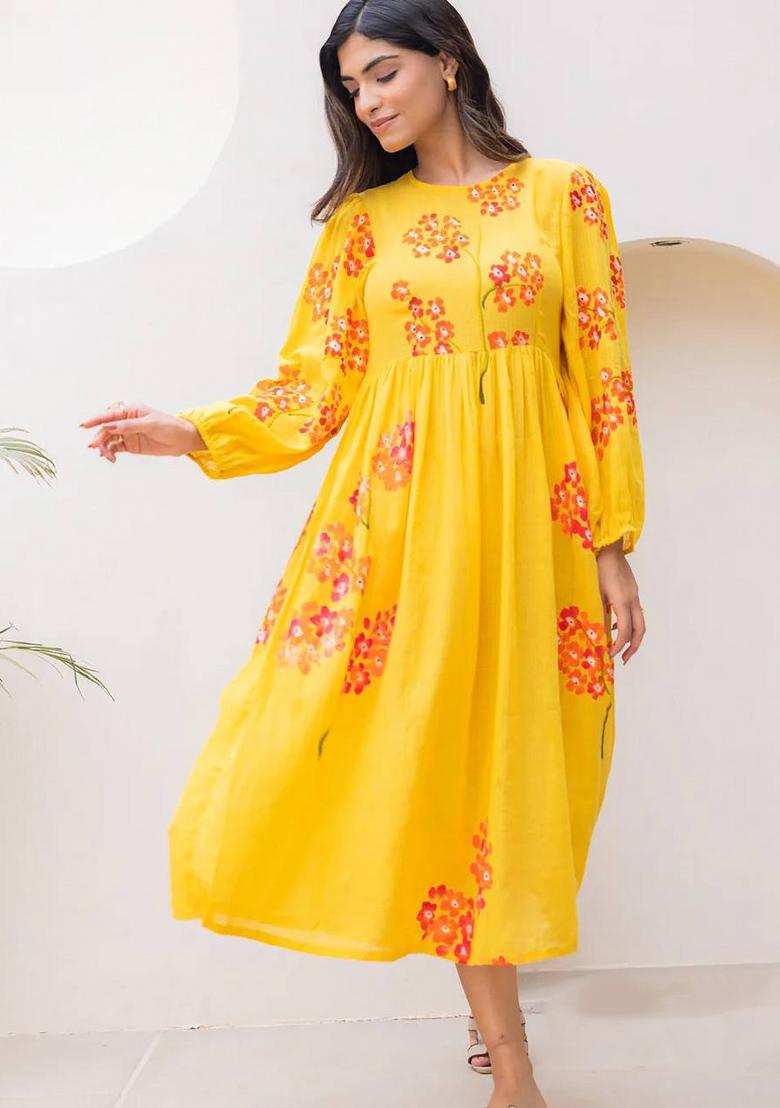 Yellow Printed Checked Maxi Gown - Indya