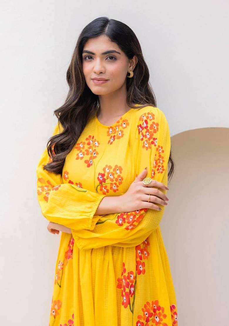 Yellow Checked Maxi Gown with Printed for Diwali | Wedding & Festive Wear - Indya