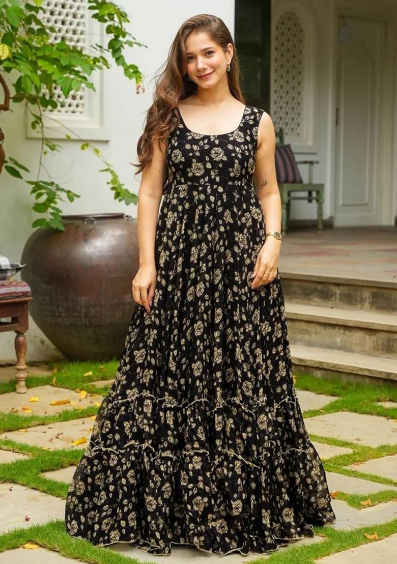 Black Printed Georgette Gown With Dupatta - Indya