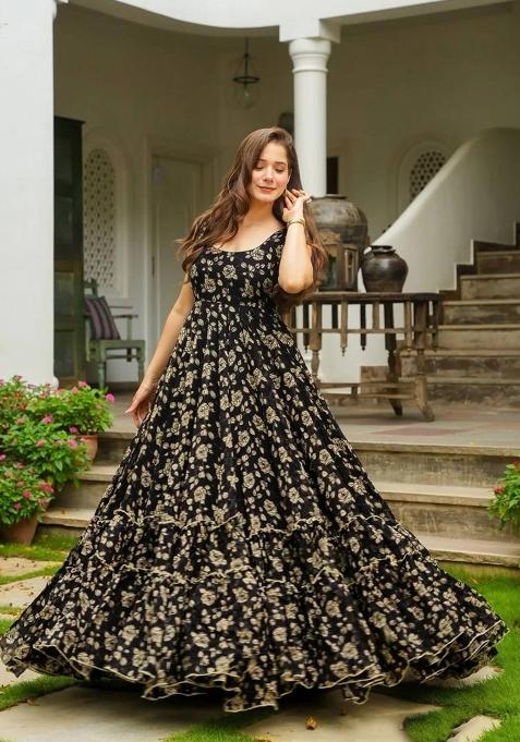 Black Printed Georgette Gown With Dupatta