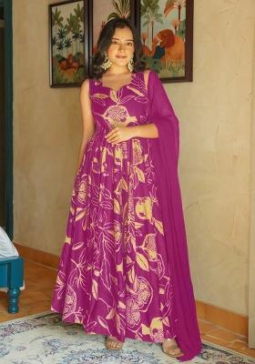 Purple Printed Georgette Gown With Dupatta