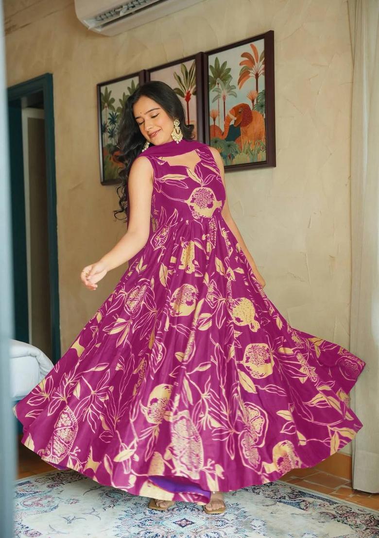 Purple Printed Georgette Gown With Dupatta - Indya