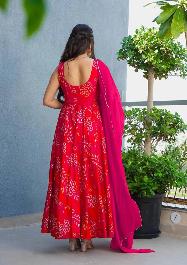 Pink Printed Georgette Gown With Dupatta - Indya